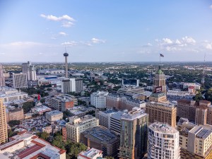 Downtown San Antonio, Texas at sunset, aerial view.