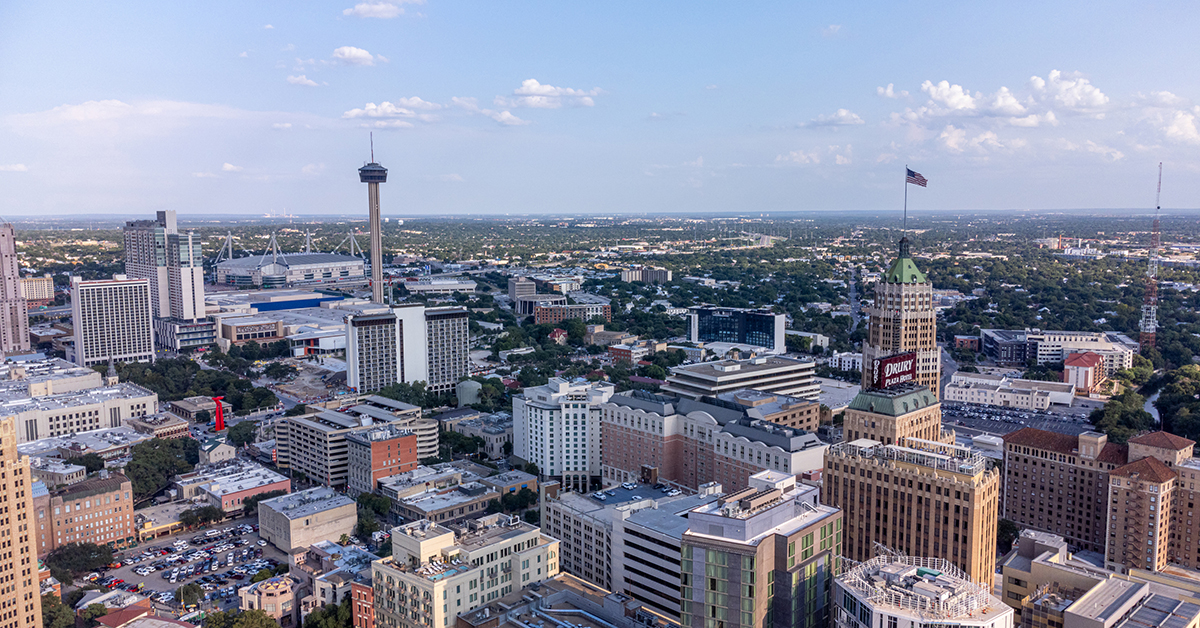 Downtown San Antonio, Texas at sunset, aerial view.