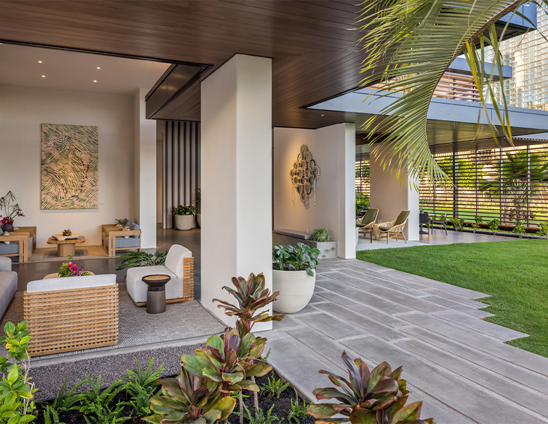 Indoor/outdoor lobby at Ulana Ward Village.