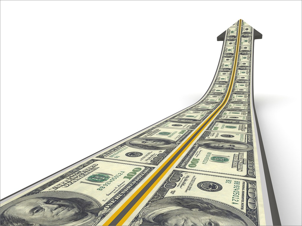 Arrow Road with Dollar Bills - White Background - 3D Rendering