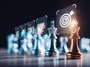 A chess on a wooden floor with success icons symbolizes the strategic planning and execution required to achieve marketing goals, represents the careful consideration and strategic thinking