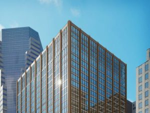 Rendering of 30-story Manhattan residential tower with blue windows and medium-brown trim