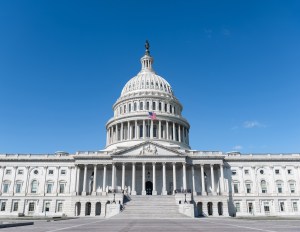 A photo of the U.S. Capitol, taken at ground-level.