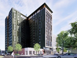 Exterior rendering of Chapter Alder, a student housing project in Eugene, Ore.