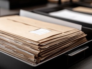 Folders stacked on a desk.