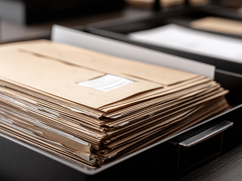 Folders stacked on a desk.