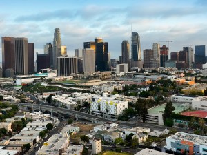Aerial panorama of Los Angeles city skyline with skyscrapers. Drone shot of downtown Los Angeles