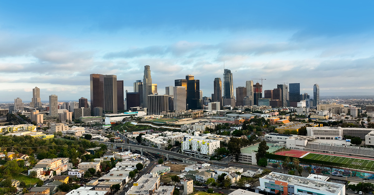Aerial panorama of Los Angeles city skyline with skyscrapers. Drone shot of downtown Los Angeles