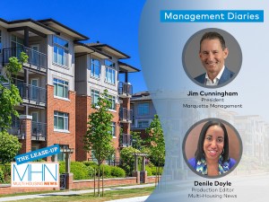 Headshots of Denile Doyle and Jim Cunningham with an image of an apartment community in the background.