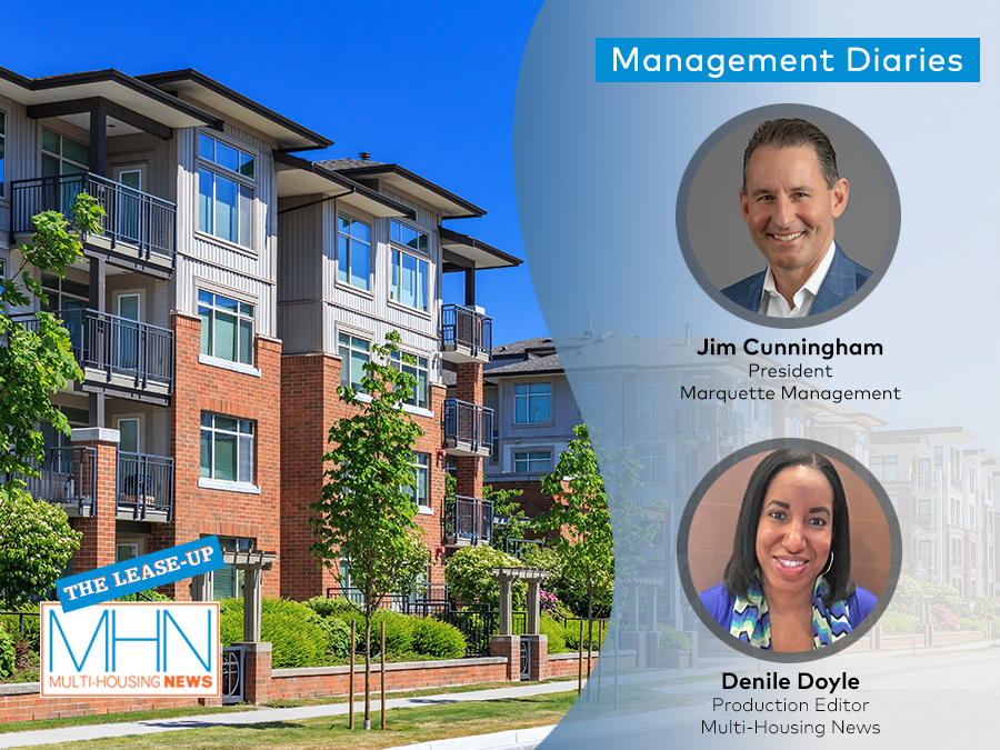Headshots of Denile Doyle and Jim Cunningham with an image of an apartment community in the background.