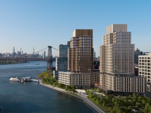 Rendering depicting an early version of Williamsburg Wharf with three towers complete.