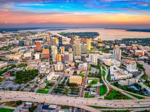 The city of Tampa, Florida shot via helicopter from an altitude of about 1000 feet at sunset.