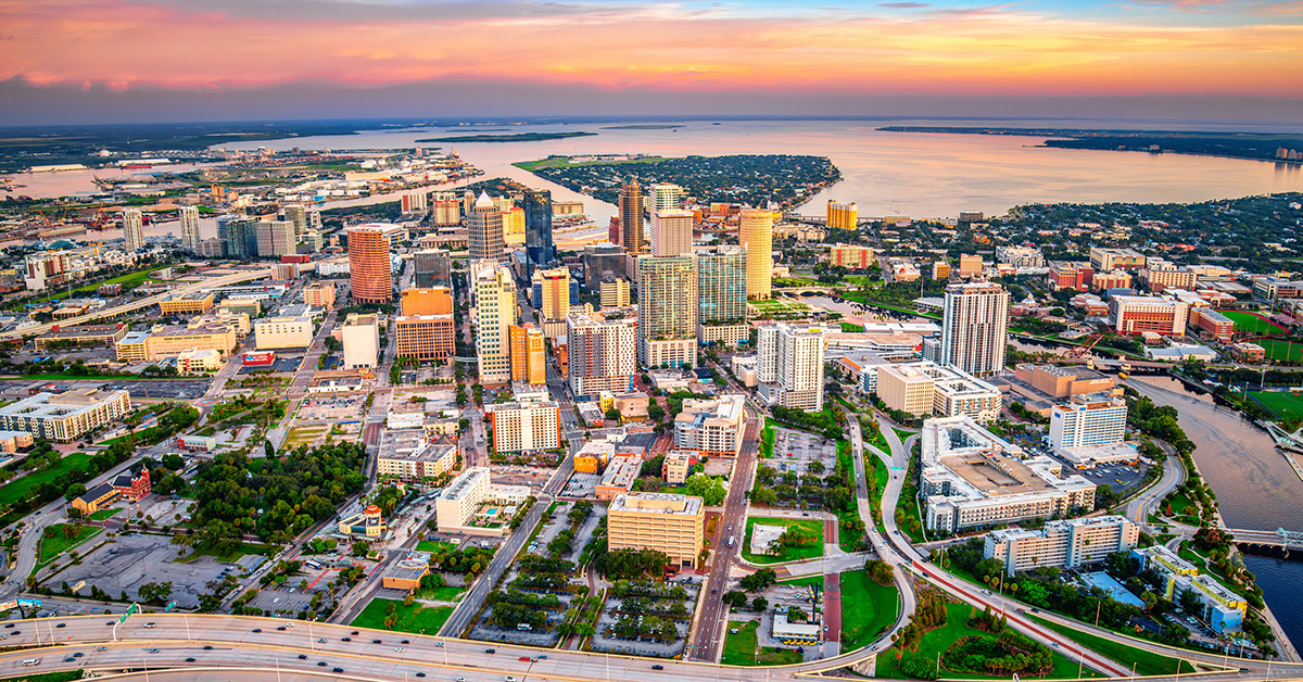 The city of Tampa, Florida shot via helicopter from an altitude of about 1000 feet at sunset.
