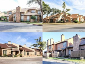 Exterior shots depicting Signature Place (top left), Brighton Court (top right), Enclave (bottom left), Delmar Villas (bottom right) in Midland, Texas.