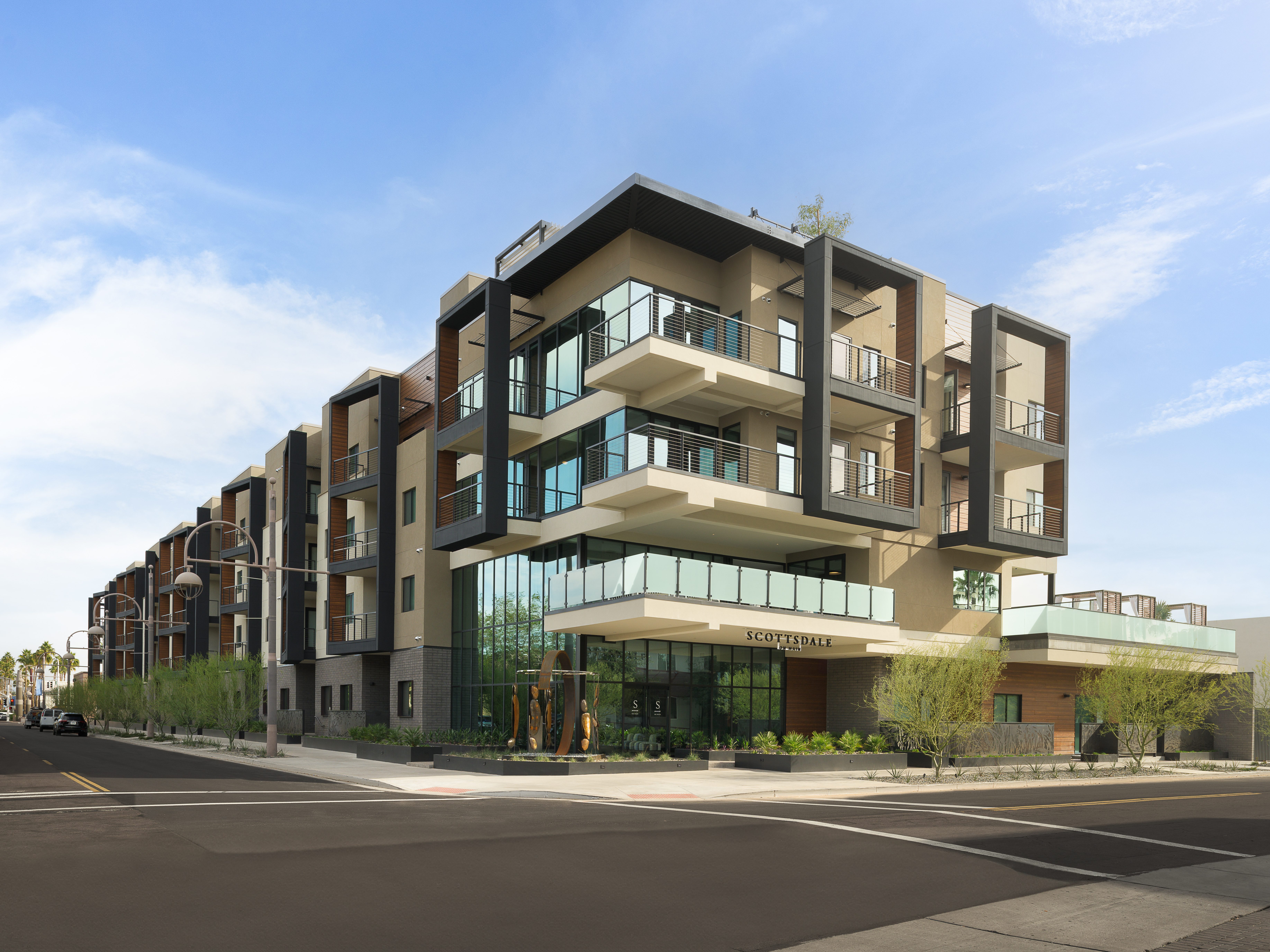 Exterior shot of multi-story building Scottsdale on Main in Scottsdale, Ariz.