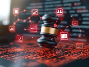 An abstract visualization of legal concepts with gavel, digital data, and interconnected icons representing law and technology. This conveys intersection of law and digital innovationAn abstract visualization of legal concepts with gavel, digital data, and interconnected icons representing law and technology. This conveys intersection of law and digital innovation