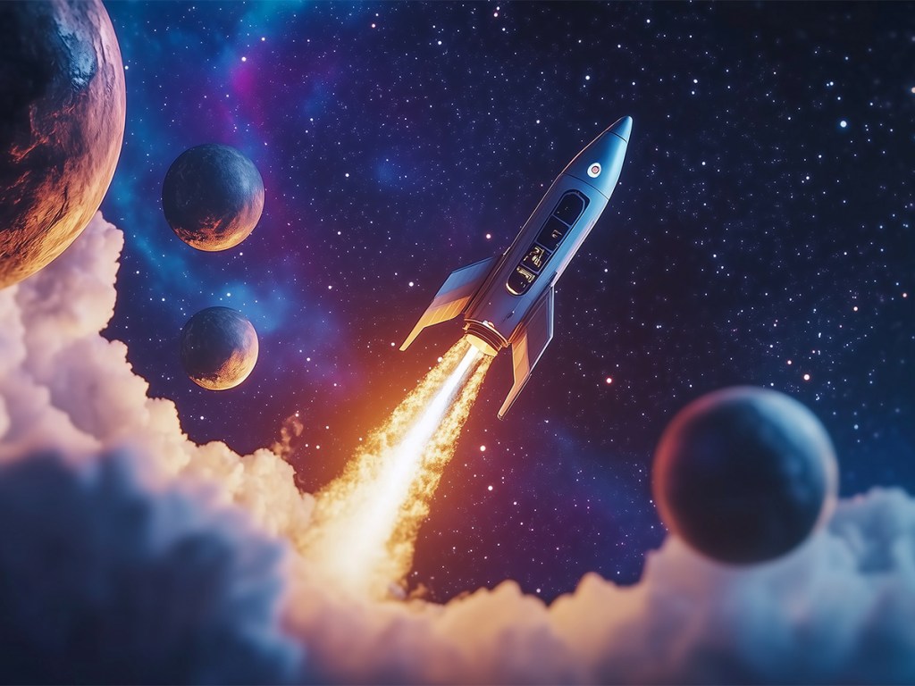 spaceship launching into space, surrounded by stars and glowing planets