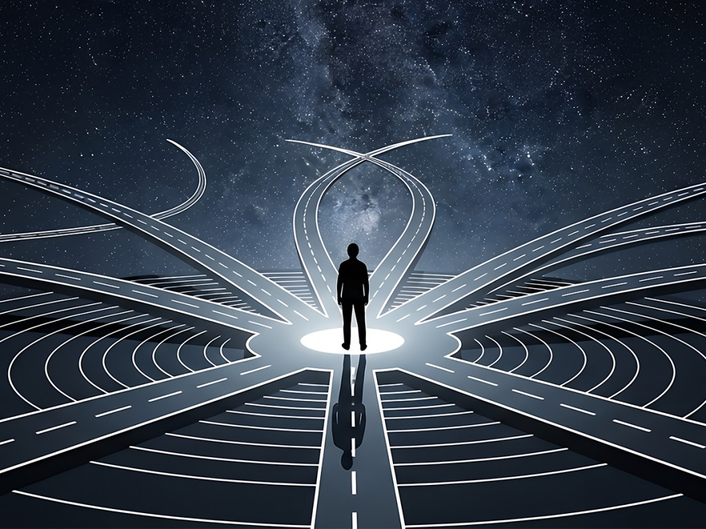 Silhouette of a man standing at a crossroads under starry sky with multiple diverging roads. Concept for career choice, strategic planning and navigating complex decisions.