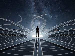 Silhouette of a man standing at a crossroads under starry sky with multiple diverging roads. Concept for career choice, strategic planning and navigating complex decisions.