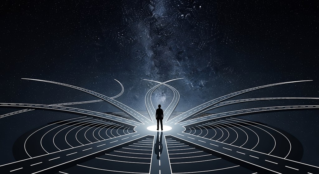 Silhouette of a man standing at a crossroads under starry sky with multiple diverging roads. Concept for career choice, strategic planning and navigating complex decisions.