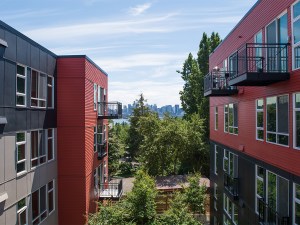 Black and red apartment complex in Seattle, Washington, USA