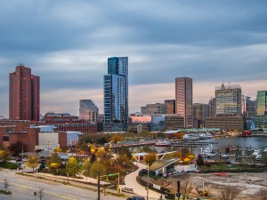 The Inner Harbor of Baltimore at dusk
