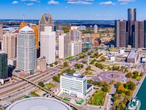 Aerial of Detroit city downtown with Renaissance Michigan, US
