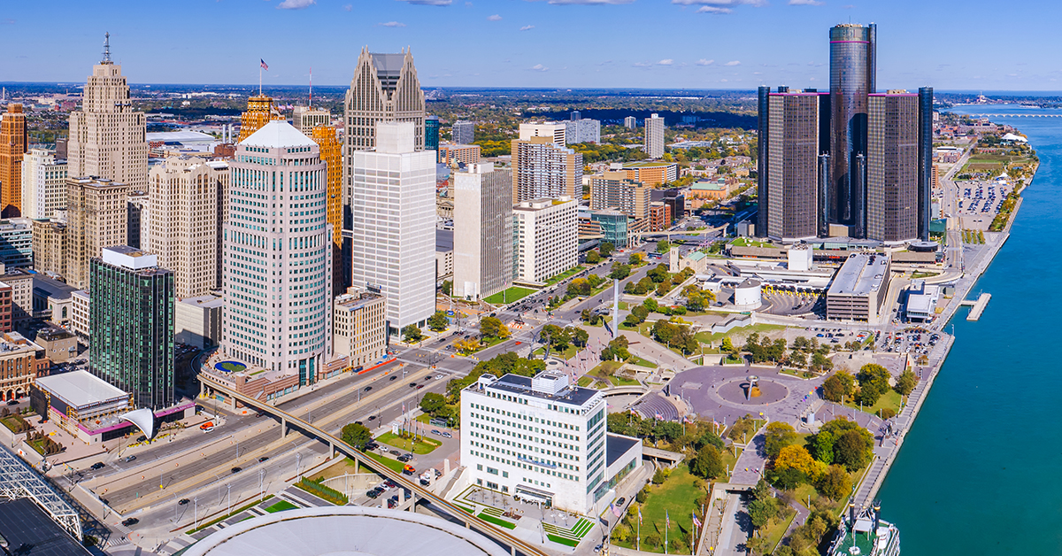 Aerial of Detroit city downtown with Renaissance Michigan, US