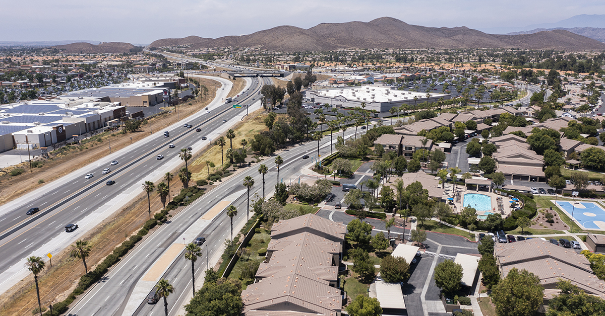 Menifee, California, USA - June 6, 2022: Afternoon light shines on a neighborhood and downtown core of Menifee.