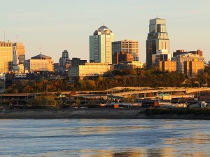 An eastward view of the Kansas City skyline in late afternoon with the Missouri River in the foreground. Kansas City, MO, USA - November 4, 2011