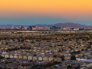 The Las Vegas Strip seen in the distance with the suburbs in the foreground.