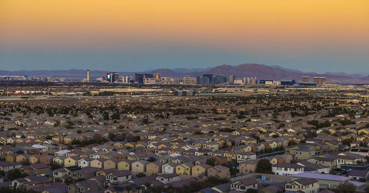 The Las Vegas Strip seen in the distance with the suburbs in the foreground.