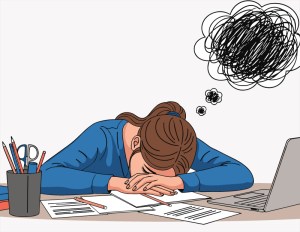Cartoon image of a woman with a dark thought bubble and her face on her keyboard