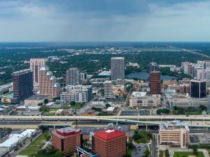 Drone shot of Orlando, Florida at sunset in May