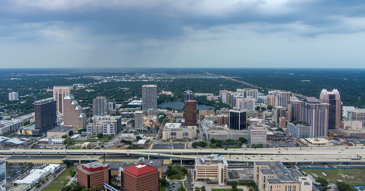 Drone shot of Orlando, Florida at sunset in May