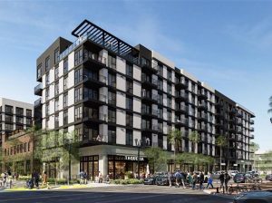 Portico rendering that includes a multi-story building.