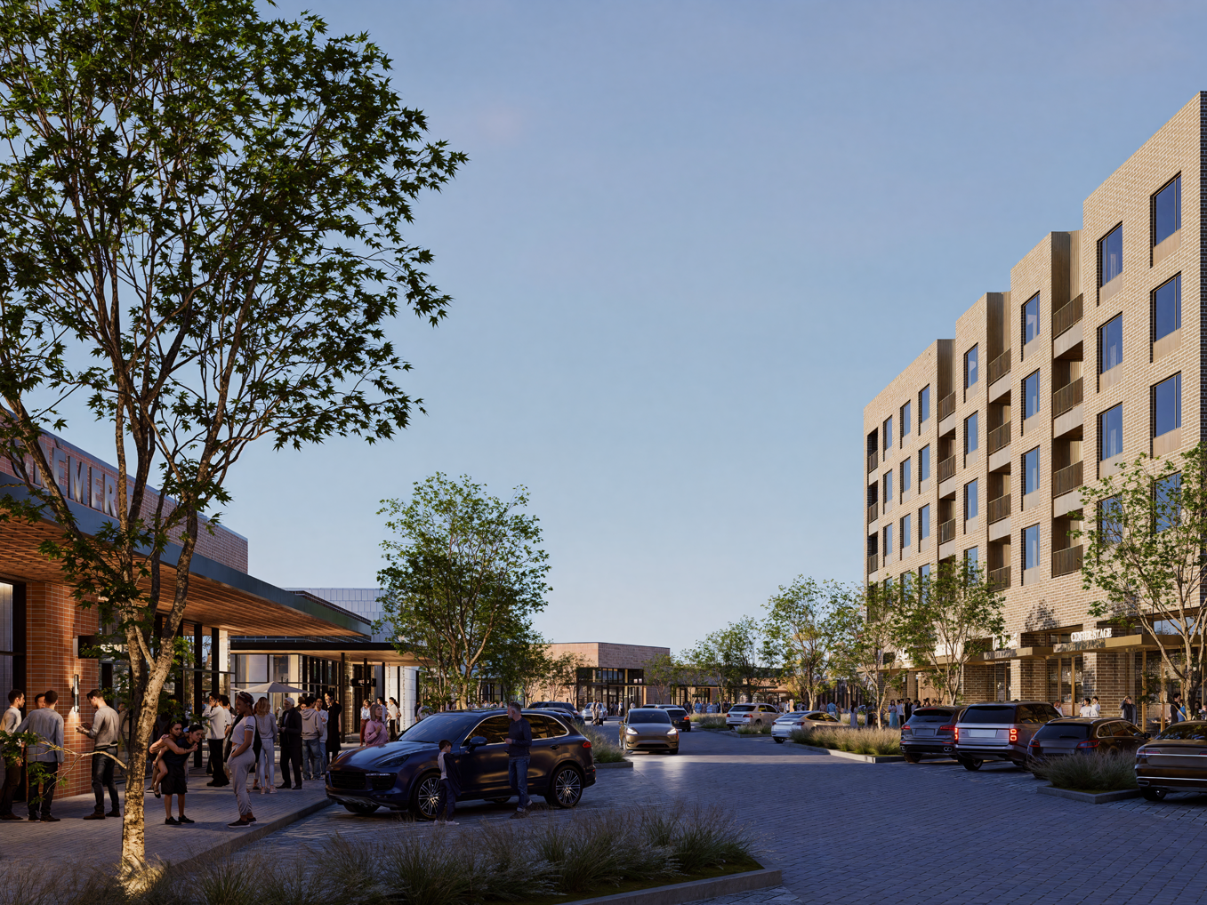 Rendering showing an apartment mid-rise across several retail buildings