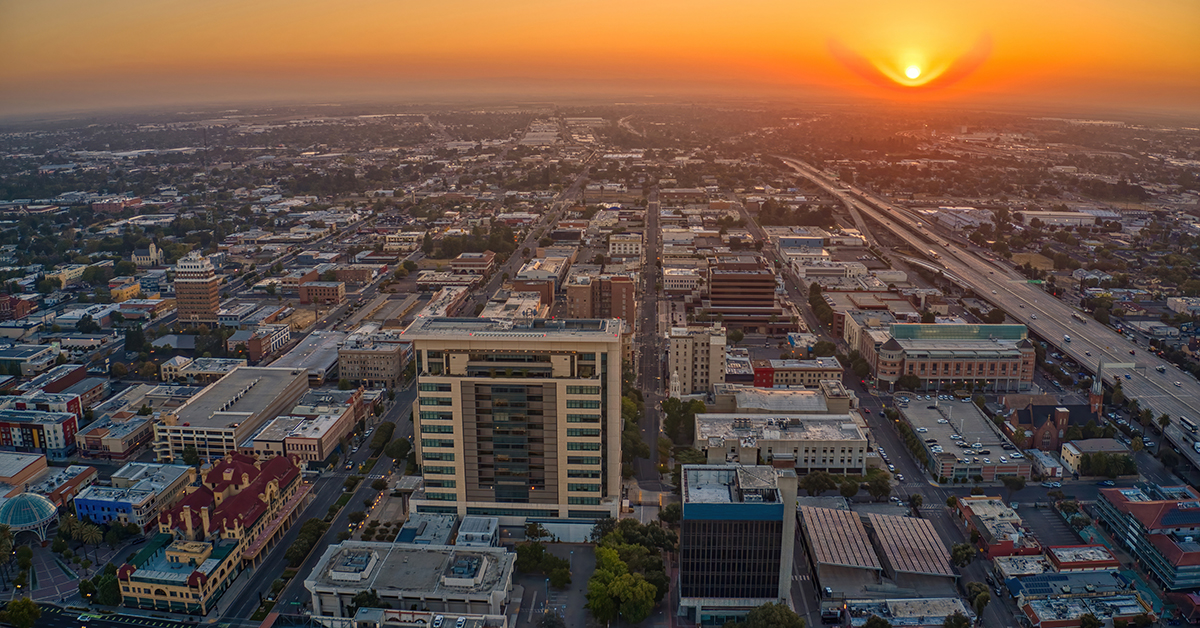 Aerial View of Stockton, California during Sunrise