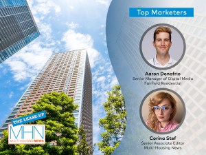 Headshots of Aaron Donofrio and Corina Stef, guest & host of the Top Marketers podcast
