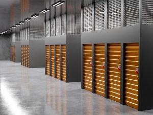 Rental storage room. Warehouse business. Wall with closed Storage Units. Warehouse company interior. Locks on doors in self storage. Warehouse for safekeeping. Realistic style. 3d rendering.