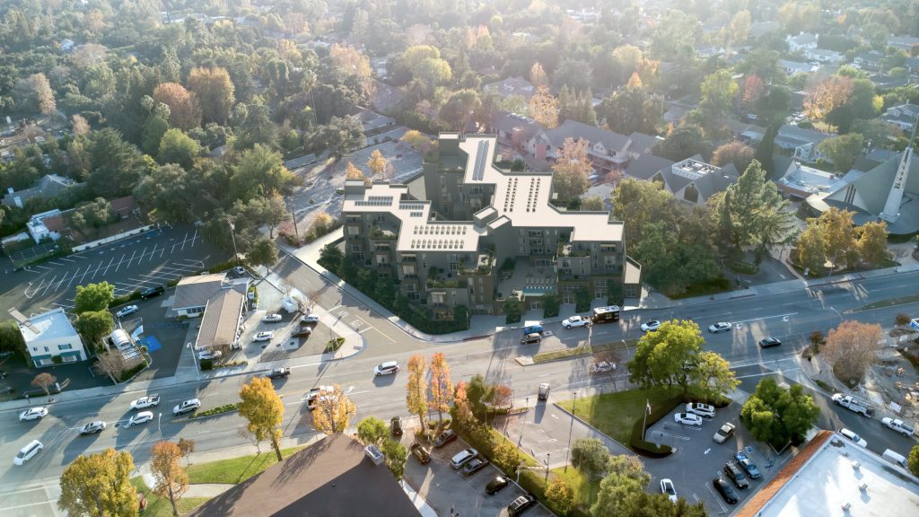 aerial rendering of 600 Foothill surrounded by lush scenery