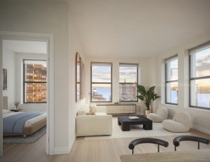 A rendering of the interior of an apartment at 61 Broadway.