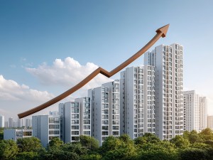Image depicting a city skyline including high-, mid- and low-rise multifamily properties accompanied by an arrow that points up and to the right.