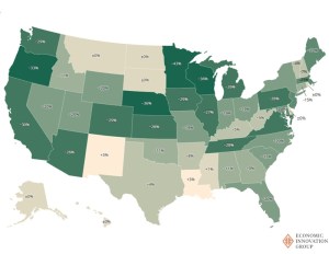 A map of the U.S. showing which states will see increases or decreases in their number of opportunity zones.