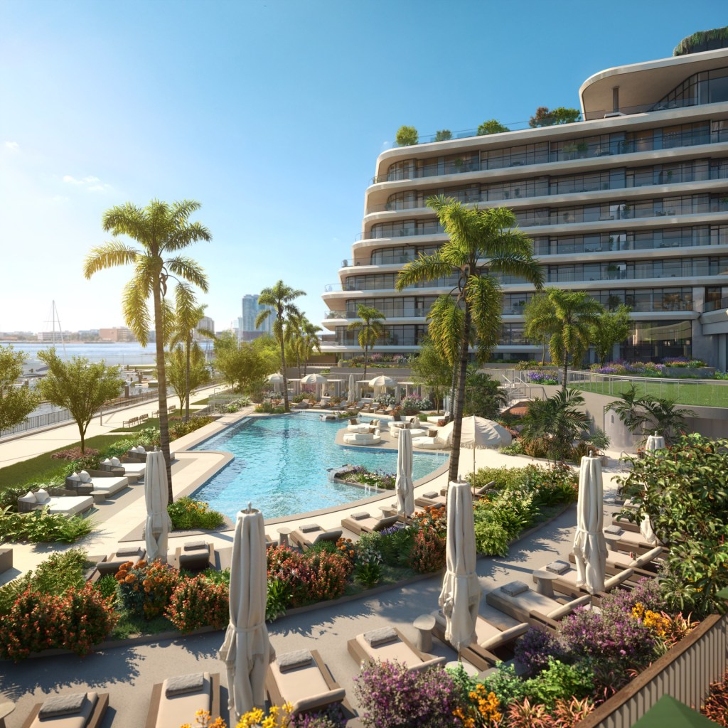 A rendering of the pool area and marina at the Four Seasons Hotel and Residences Jacksonville.