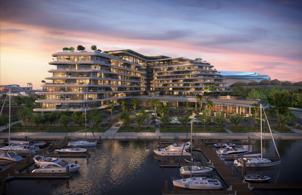 A rendering of he Four Seasons Hotel and Residences Jacksonville in Jacksonville, Fla., being developed by Shanna Collective and Iguana Investments.