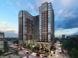 Aerial rendering of the project developed by StreetLights Residential and Mitsui Fudosan America in Dallas.