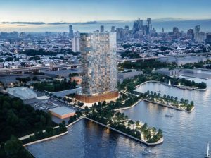 A rendering of the Wharton Piers apartment tower, located along the Delaware River in South Philadelphia.
