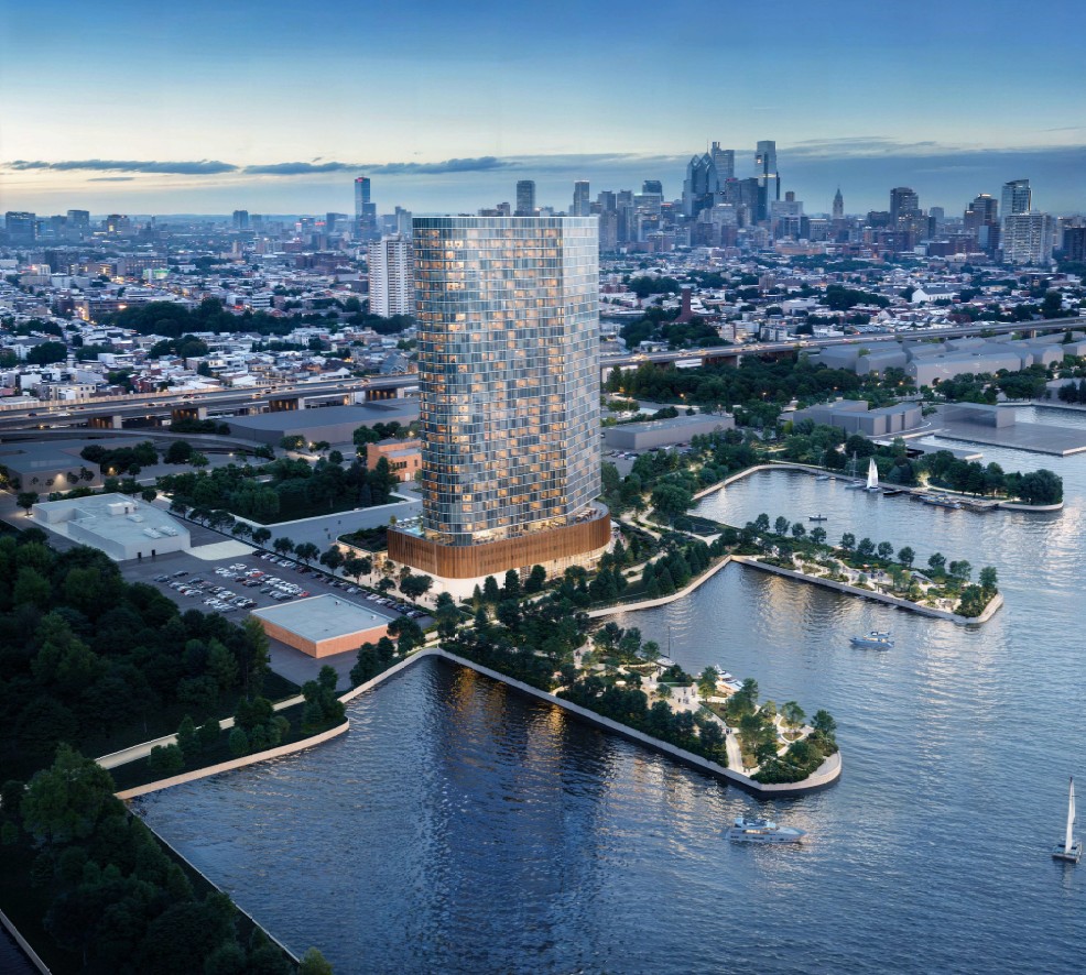 A rendering of the Wharton Piers apartment tower, located along the Delaware River in South Philadelphia. 
