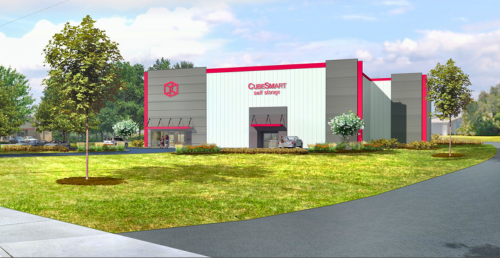 image rendering of a self storage facility managed by CubeSmart under the ownership of Hearthfire Holdings. Image contains front views of a main building, with a lawn in front and trees in the background